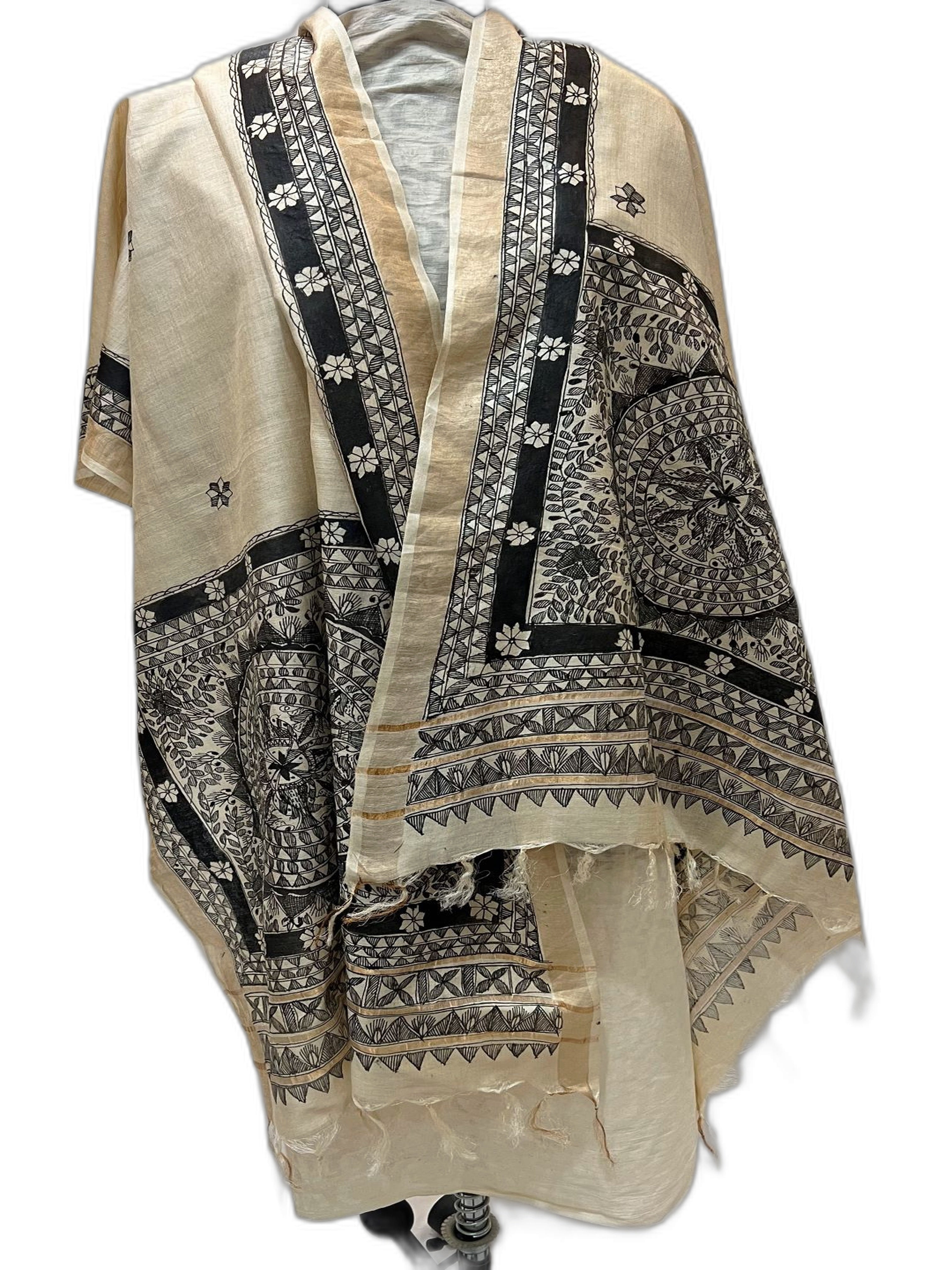 Tussar Munga Silk Dupatta - Hand-Painted Madhubani Design with Black